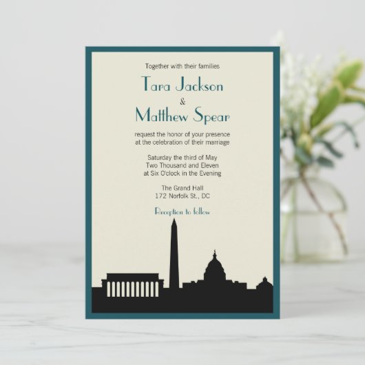 DC Skyline Wedding Uitnodiging - Blauwgroen / Ivor (Staand voorkant)