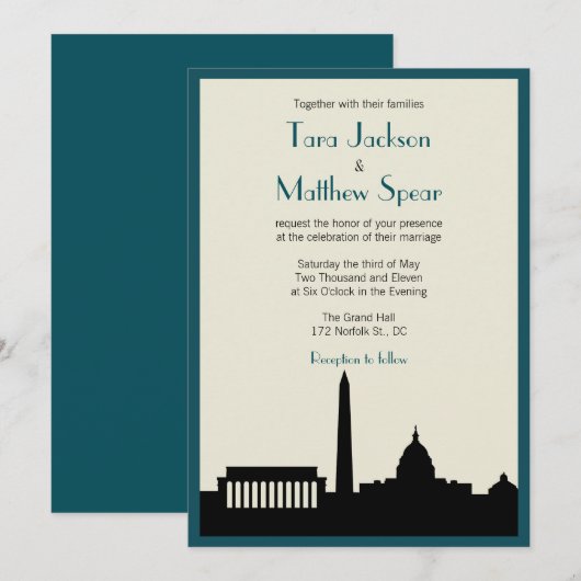 DC Skyline Wedding Uitnodiging - Blauwgroen / Ivor (Voorkant / Achterkant)