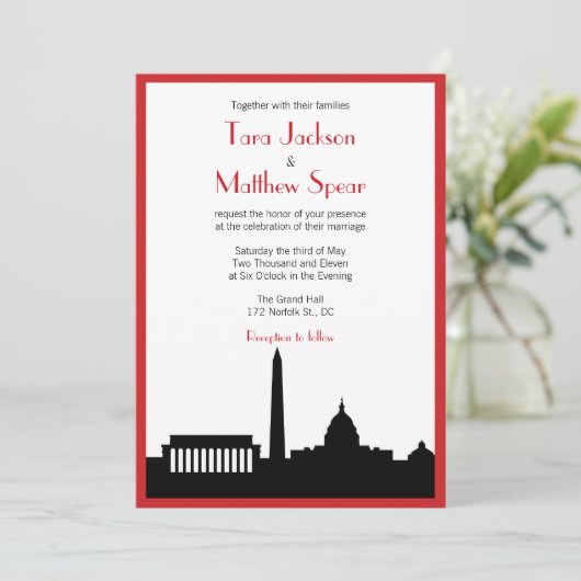 DC Skyline Wedding Uitnodiging - Rood (Staand voorkant)