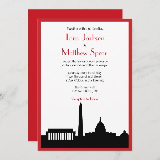 DC Skyline Wedding Uitnodiging - Rood (Voorkant / Achterkant)