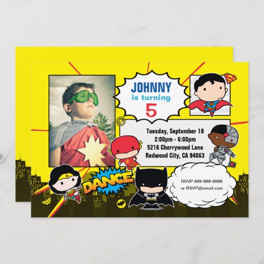 DC-strips | Justice League - Chibi Birthday Photo Kaart (Voorkant / Achterkant)