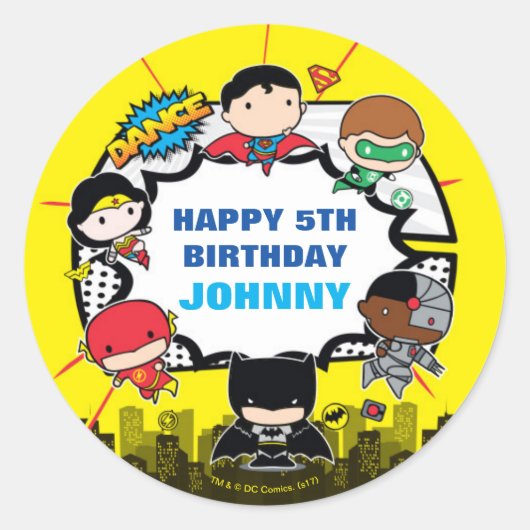 DC-strips | Justice League - Chibi Birthday Ronde Sticker (Voorkant)