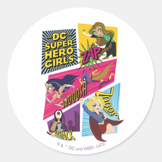 DC Super Hero Meisjes Actie Panelen Ronde Sticker (Voorkant)