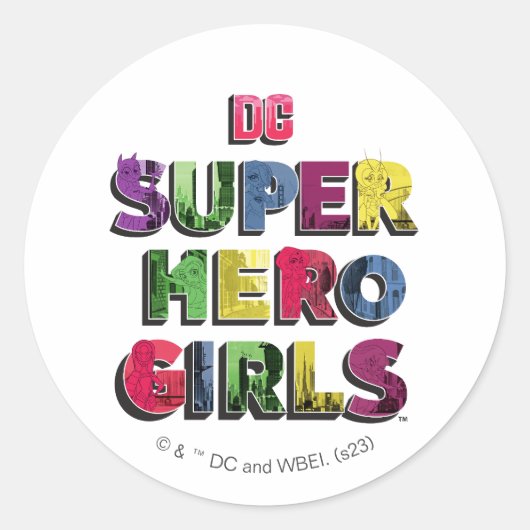 DC Super Hero Meisjes Stad Lettering Ronde Sticker (Voorkant)