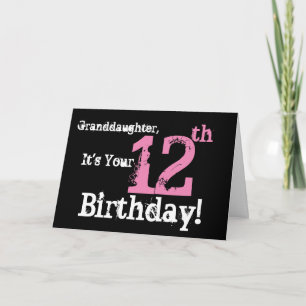 De 12e verjaardag van kleindochter, zwart, roze, w kaart
