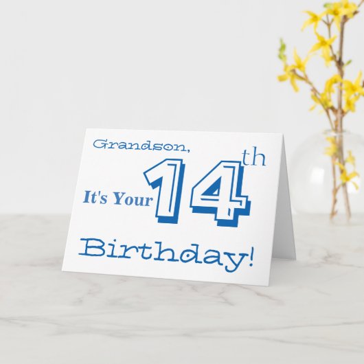 De 14e verjaardag van de kleinzoon in blauw en wit kaart (Gele Bloem)