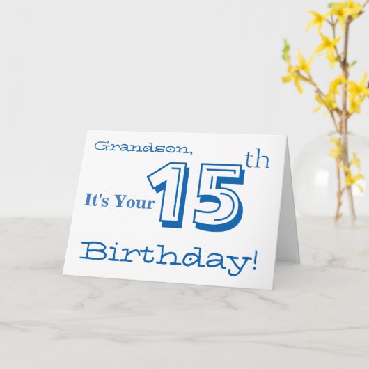 De 15e verjaardag van de kleinzoon in blauw en wit kaart (Gele Bloem)