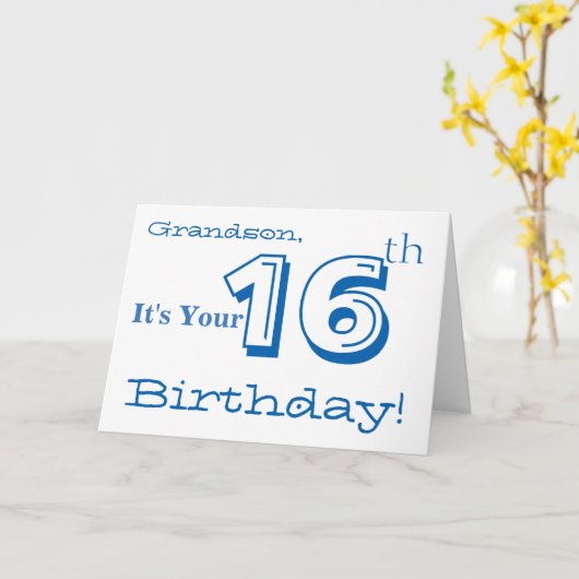 De 16e verjaardag van de kleinzoon in blauw en wit kaart (Gele Bloem)
