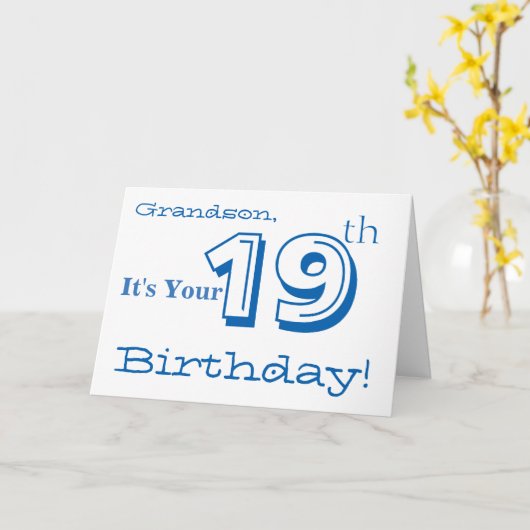 De 19e verjaardag van de kleinzoon in blauw en wit kaart (Gele Bloem)