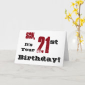 De 21e verjaardag van de zoon in zwart, rood, wit. kaart (Gele Bloem)