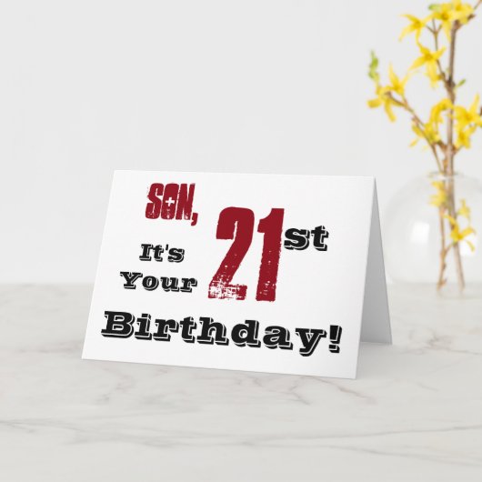De 21e verjaardag van de zoon in zwart, rood, wit. kaart (Gele Bloem)