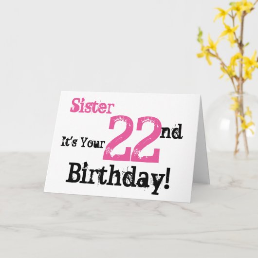 De 22e verjaardag van de zus in het zwart, roze. kaart (Gele Bloem)