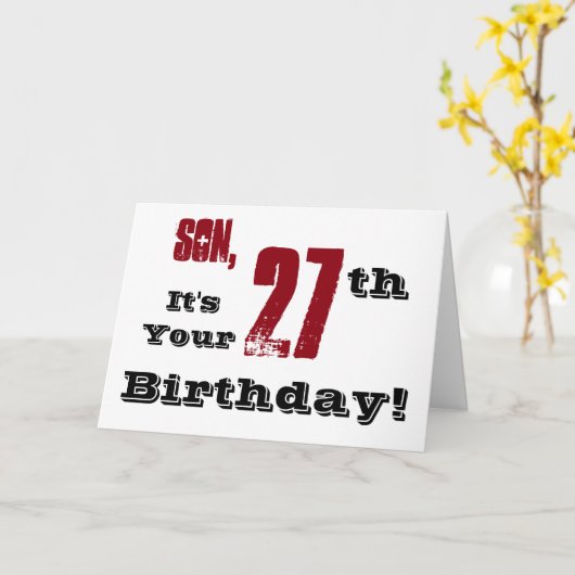 De 27e verjaardag van de zoon in zwart, rood, wit. kaart (Gele Bloem)