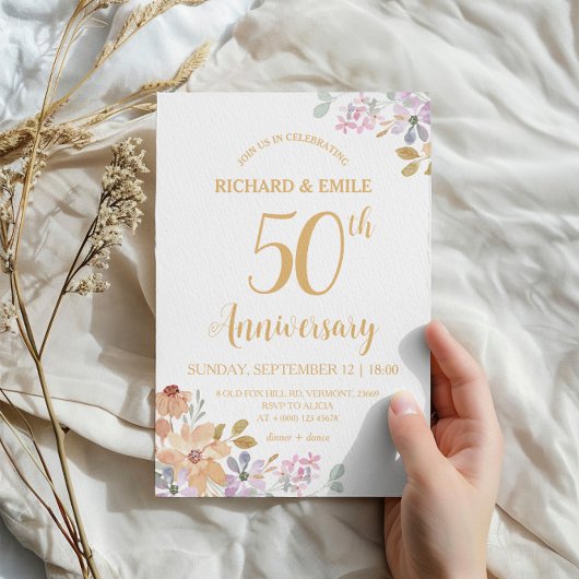 De 50ste Trouwfoto Waterverf Flower Kaart
