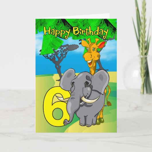 de 6de Kaart van de Verjaardag - Olifant, Giraffe, (Voorkant)