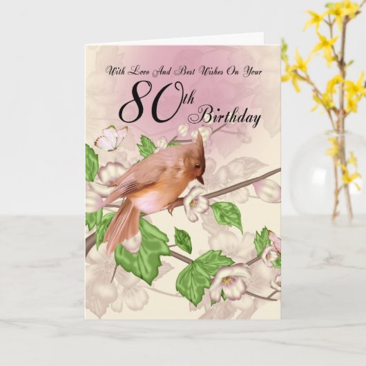 de 80ste Kaart van de Verjaardag met Vogel en (Gele Bloem)