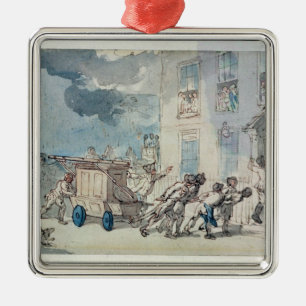 de aankomst van de brandweermotor (w/c, pen en ink metalen ornament
