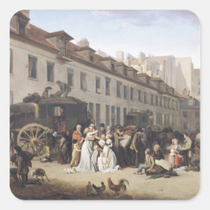 De aankomst van een Stagecoach in de Terminus Vierkante Sticker