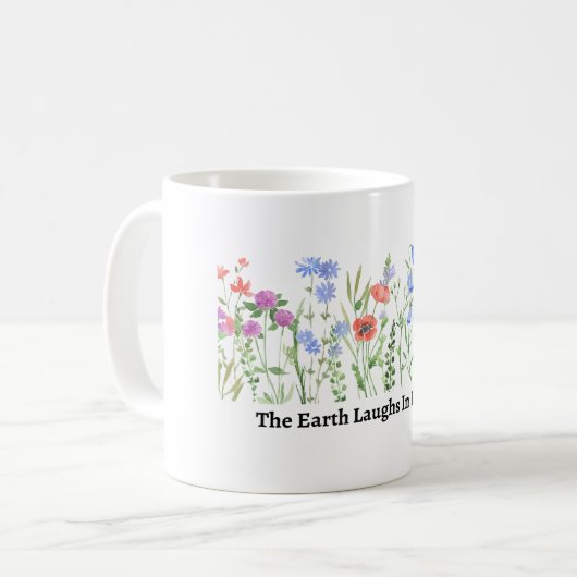  De aarde lacht in bloemen Koffiemok (Voorkant links)