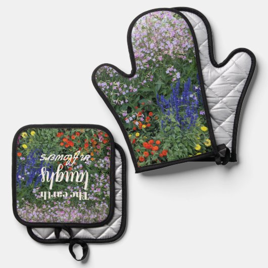 De aarde lacht in bloemen tuin citaat ovenwant & pannenlap set (Voorkant / Achterkant)