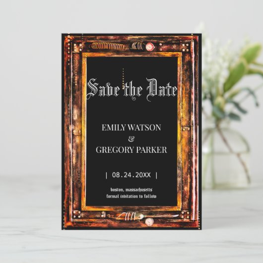 De  achtergrond van het Patina van de boomstam spa Save The Date (Staand voorkant)