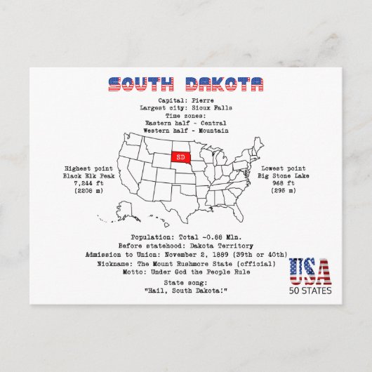 De Amerikaanse staat South Dakota op een kaart en  (Voorkant)