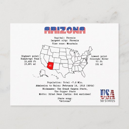 De Amerikaanse staat van Arizona op een kaart en (Voorkant)