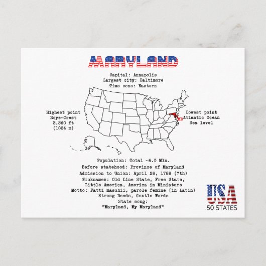 De Amerikaanse staat van Maryland op een kaart en (Voorkant)