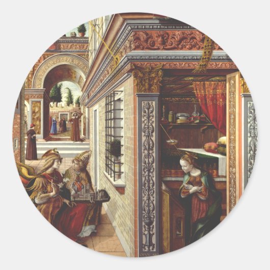 De Annunciatie, met Sint Emidius Ronde Sticker (Voorkant)