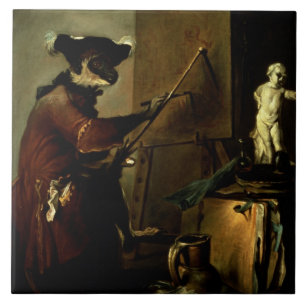 De apenschilder, 1740 (olie op canvas) tegeltje
