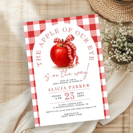 De appel van ons oog rode gingham baby shower kaart