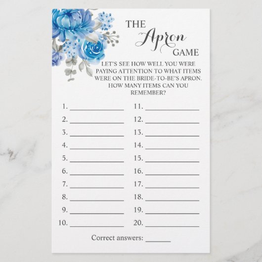 De Apron Shower Blue Flower Game Card Flyer (Voorkant)