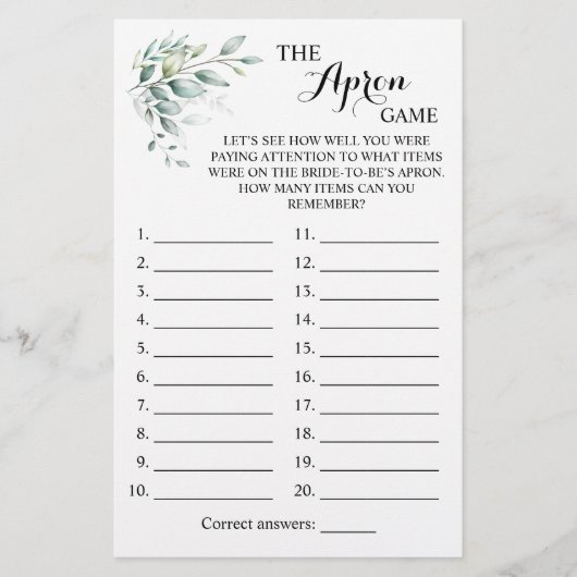 De Apron Shower Greenery Eucalyptus Game Card Flyer (Voorkant)