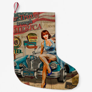 De auto reist door de Amerikaanse vintage poster.  Kleine Kerstsok