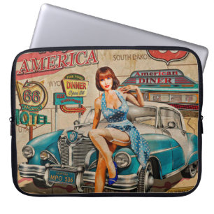 De auto reist door de Amerikaanse vintage poster.  Laptop Sleeve