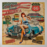 De auto reist door de Amerikaanse vintage poster. 