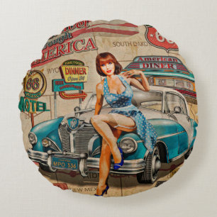 De auto reist door de Amerikaanse vintage poster.  Rond Kussen
