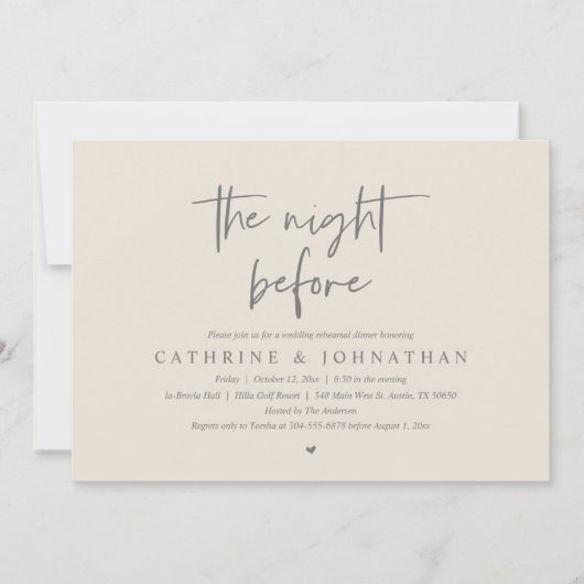 De avond ervoor, bruiloft repetitie diner kaart (Voorkant)