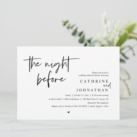 De avond ervoor, bruiloft repetitie diner kaart (Staand voorkant)