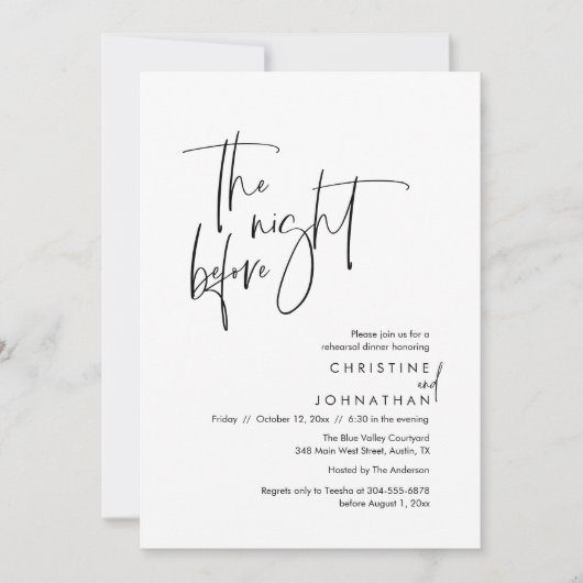 De avond ervoor, Casual bruiloft repetitie diner Kaart (Voorkant)