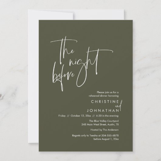 De avond ervoor, Casual bruiloft repetitie diner Kaart (Voorkant)