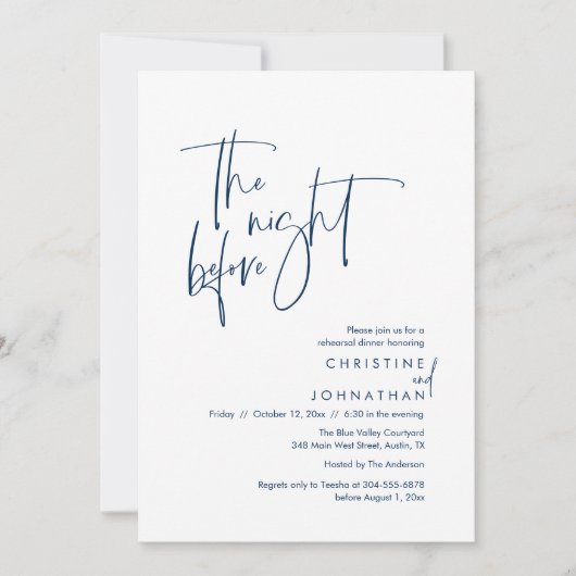 De avond ervoor, Casual bruiloft repetitie diner Kaart (Voorkant)