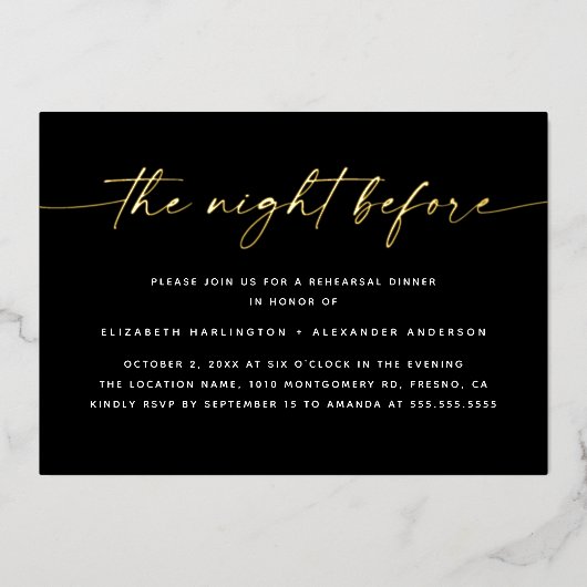 De avond ervoor | Gold Script repetitie diner Folie Uitnodiging (Voorkant)