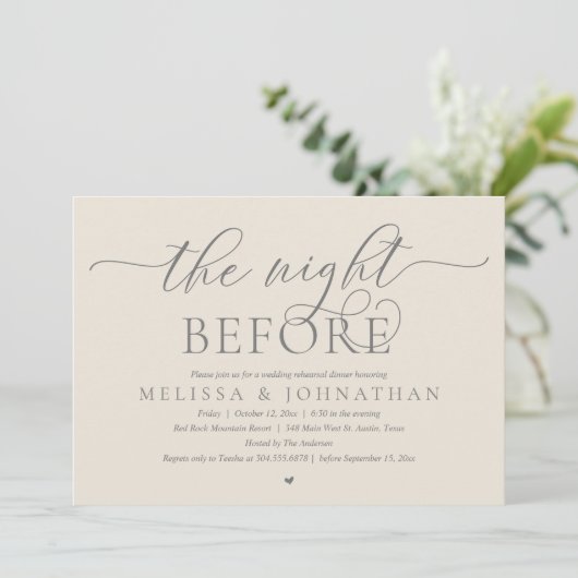 De avond ervoor, klassiek bruiloft repetitie diner kaart (Staand voorkant)