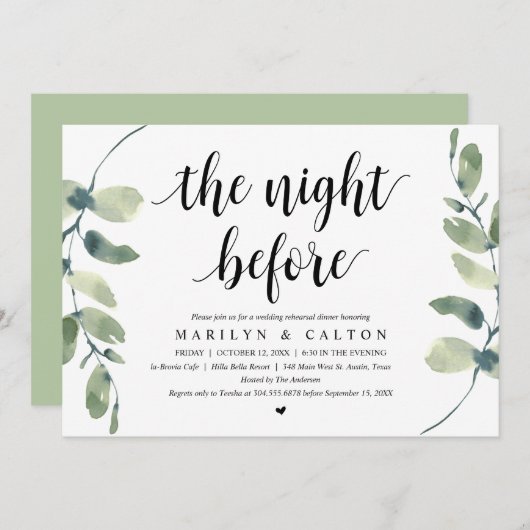 De avond ervoor, repetitie diner, eucalyptus kaart (Voorkant / Achterkant)