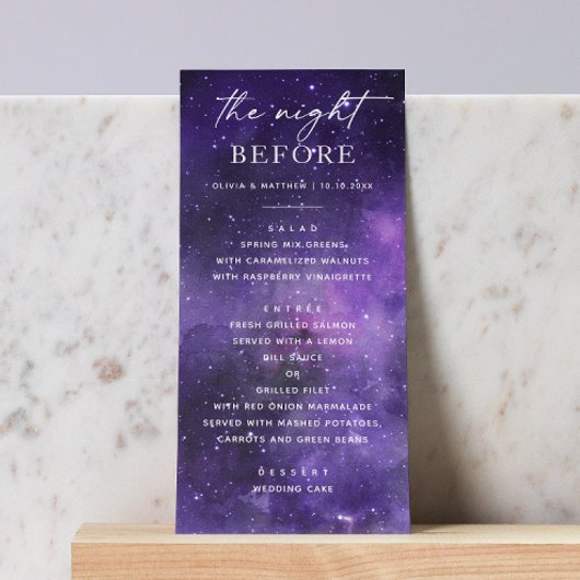 De avond ervoor. Ruimte bruiloft repetitie diner Menu