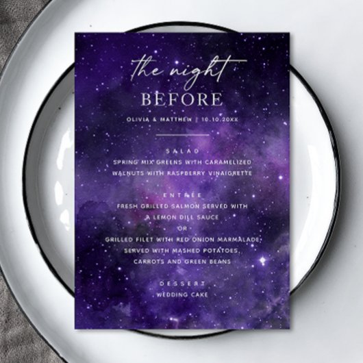 De avond ervoor. Ruimte bruiloft repetitie diner Menu