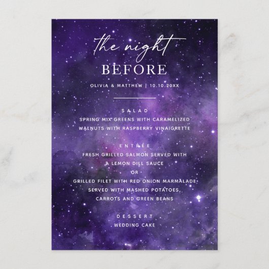 De avond ervoor. Ruimte bruiloft repetitie diner Menu (Voorkant)