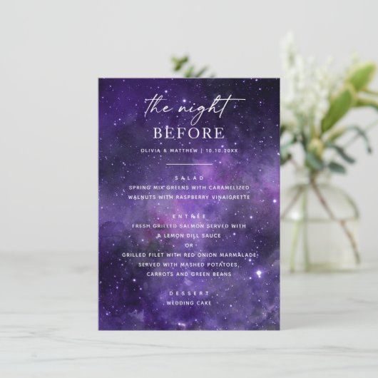 De avond ervoor. Ruimte bruiloft repetitie diner Menu (Staand voorkant)