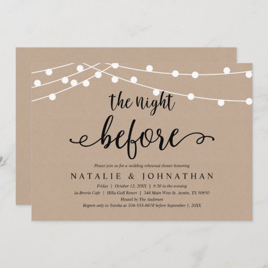 De avond ervoor, rustieke bruiloft repetitie diner kaart (Voorkant / Achterkant)